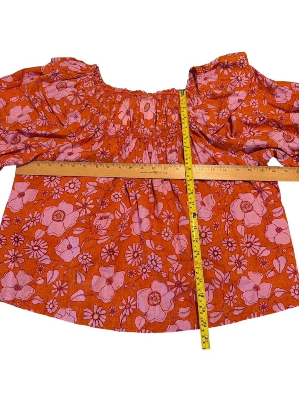 Free People Orange and Pink Floral Ruffle Off the Shoulder Flowy Cotton Top Size
